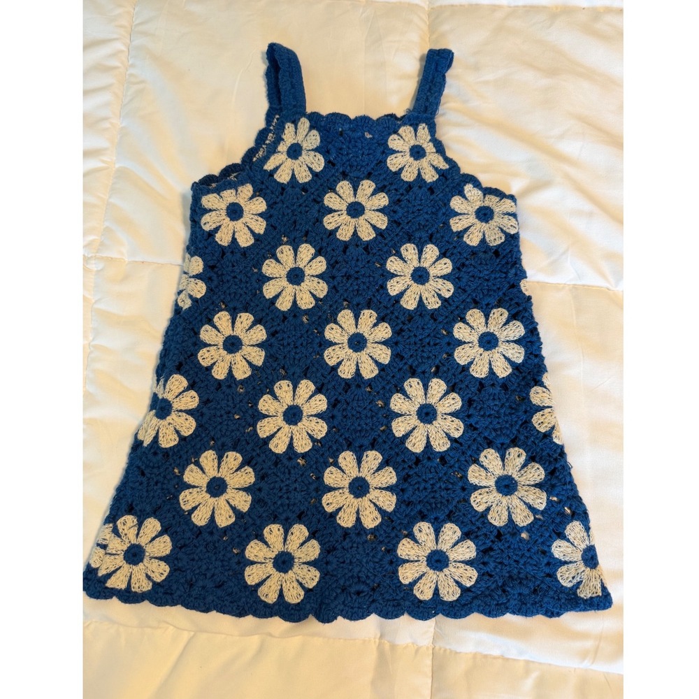 Zara Crochet Dress Kids 2T Blue Excellent Floral Daisy Knit Boho Sleeveless